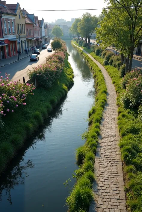 Bird's-eye view of a small embankment with a sidewalk made of square concrete plates along the river , , the river is very small 5-7 meters wide, to the right of the road, the shops are followed by a large glade with low grasses, with flowers and blooming ...