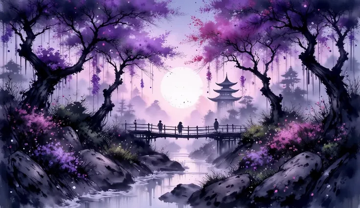 A wisteria grove blooms under a twilight sky filled with stars, completely devoid of human presence. Each tree is intricately rendered with ink-brushed branches and cascading clusters of soft purple flowers, glowing faintly as if infused with the essence o...