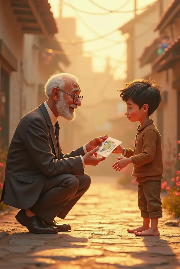 A warm, emotional 3D animated image of an elderly man in a simple but neat suit kneeling down to buy a drawing from a poor young boy with barefoot. The old man smiles kindly as he hands over a few coins, while the boy looks up in surprise and gratitude. Th...