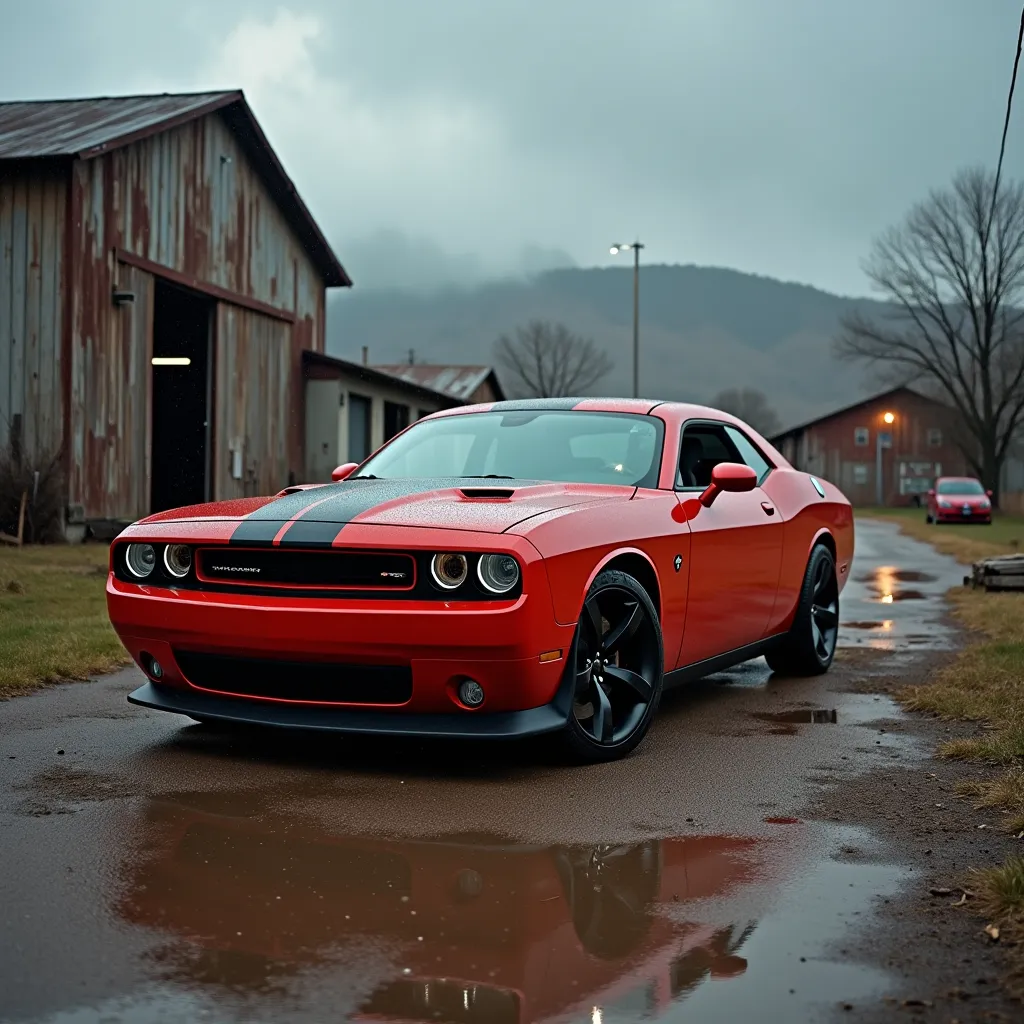 A 2012 Dodge Challenger SRT8 sits in a small dirt car park near a warehouse in a small American town like in the movies, rain, no weather, storm, photos from different angles, car in different colors on the photo