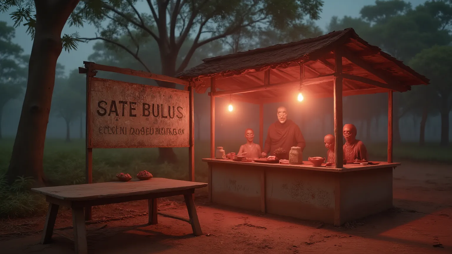 "Horror story illustration set in haunted village at night. View of an old satay stall with a faded signboard reading 'Sate Bulus'. The figure of Mr. Karman with a pale face and a cold smile stands in the background, surrounded by small shadows with empty ...