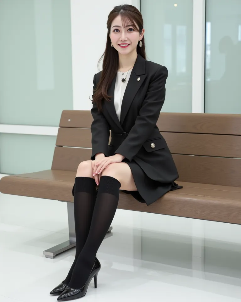 (    Photorealism   :1.2)、 full body portrait 、Smelling black high  socks 。  beautiful日本人モデル、39;  thick legs、  woman  、39;   Office worker uniform    、   I'm hanging a security card from my neck　black high heels   、smile、Bench on the White Floor 、  Open yo...