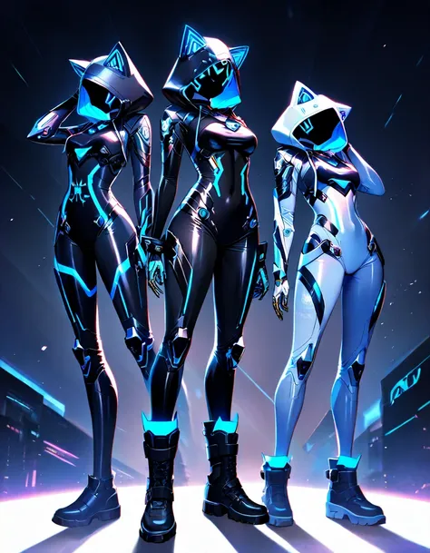 black theme, cyberpunk-themed outfit with cat-ear hooded bodysuit, closed-fitting sleek black and neon blue bodysuit hoodie with glossy metallic texture, black fullbody cat-suits, one-piece design, form-fitting silhouette, high-tech glowing circuit pattern...