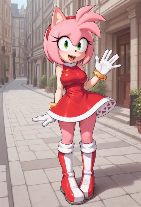 amy rose (cosplay),  standing on a sidewalk talking and waving their hands, outdoors