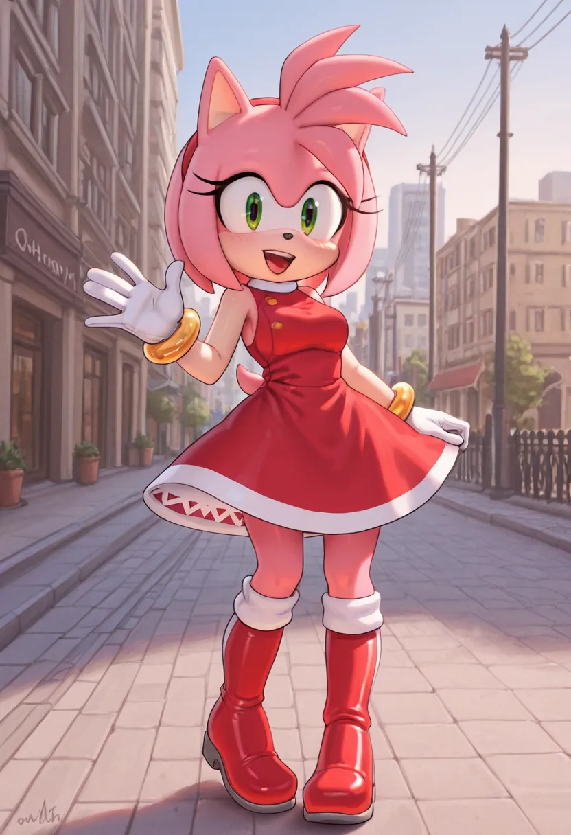 amy rose (cosplay),  standing on a sidewalk talking and waving their hands, outdoors