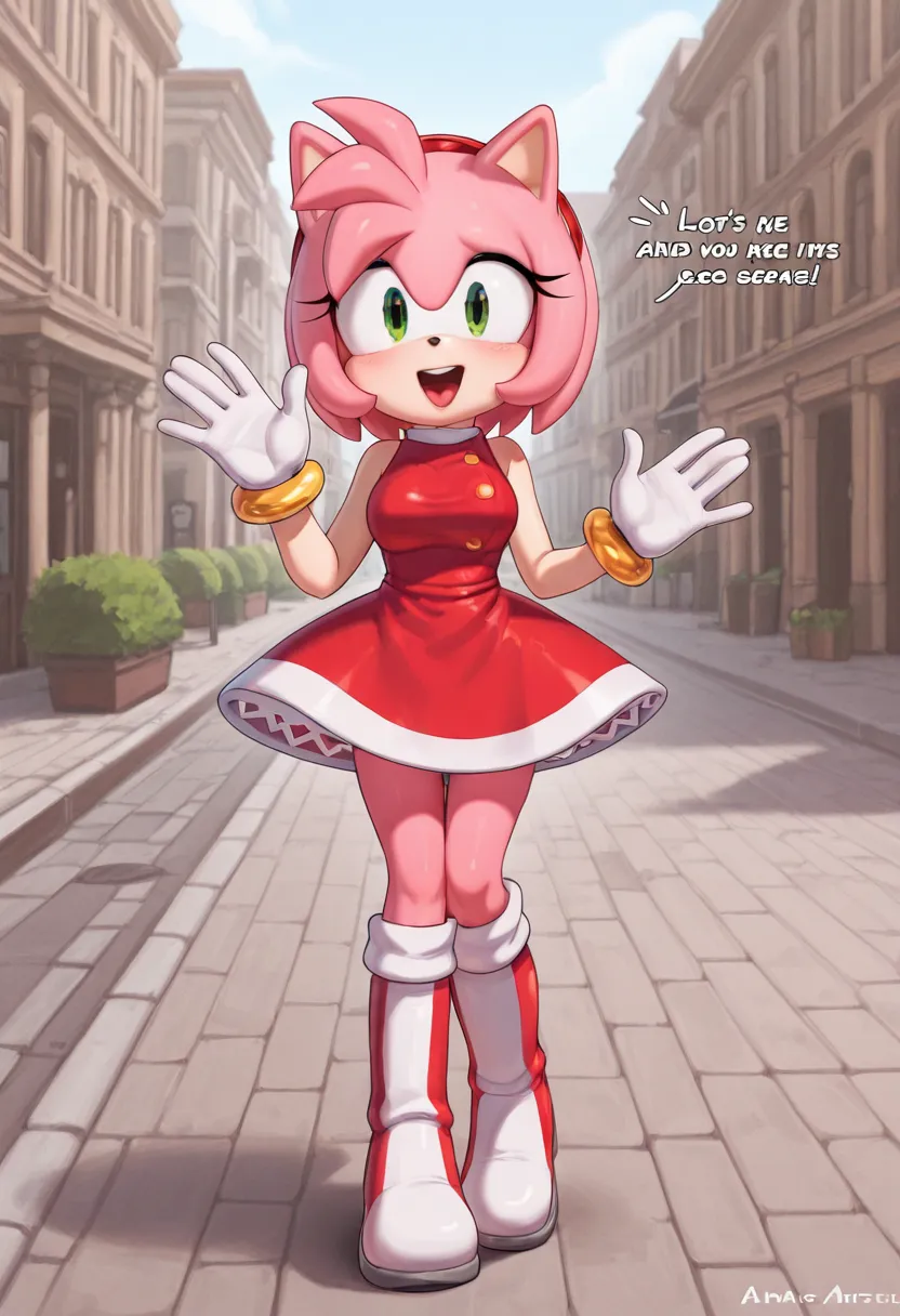 amy rose (cosplay),  standing on a sidewalk talking and waving their hands, outdoors