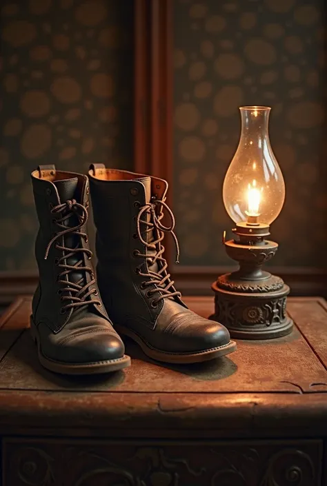 A bright oil lamp and a pair of boots with very worn soles are placed on a wooden table，Dilapidated，Soft booties，The one with the tip of the boot being worn，black anti-fur boots，The image style should be weird enough