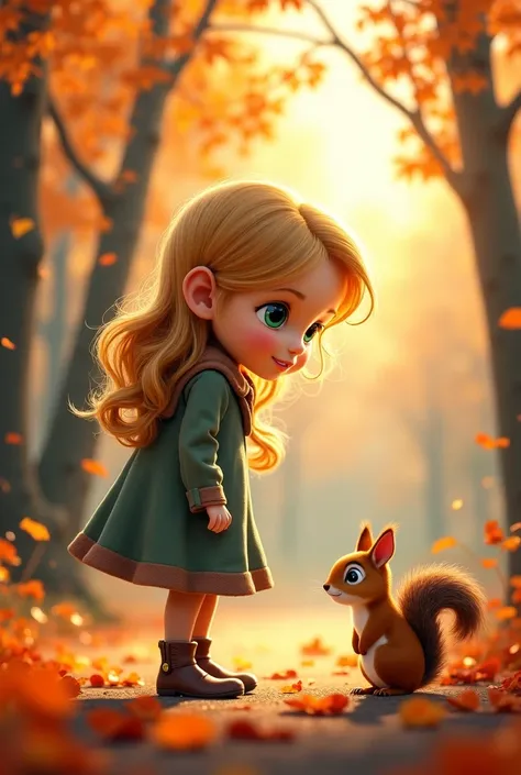 Blonde girl with green eyes and curly hair up to her shoulder standing in an autumn park looking at a squirrel