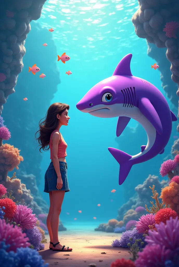 A woman in front of a female purple shark in a fictional cartoon scene