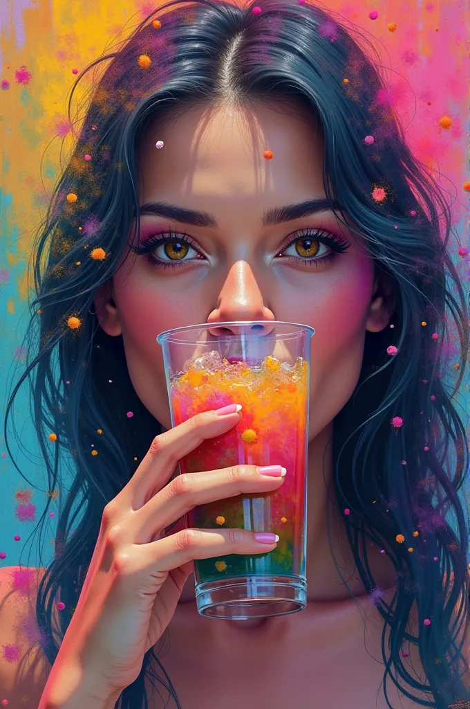 Psychedelic beautiful woman drinks juice - painted with colors - broad strokes - stands upright - looks at the viewer

