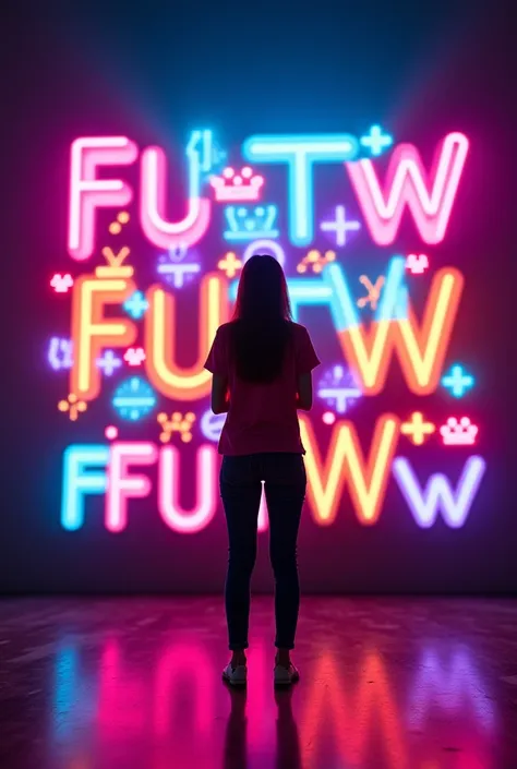 "A person young woman stands on a stage, surrounded by vibrant, multi-colored text 'FUTW' in various sizes and orientations, with dramatic lighting and a dark background creating an energetic and dynamic atmosphere. 3d image"