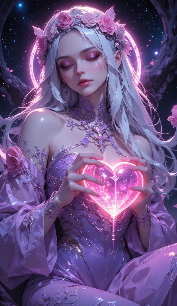 8k, masterpiece, highest quality, Ethereal, fantasy, white-haired woman, flower crown, pink roses, glowing heart, magical aura, purple dress, soft lighting, starry background, dreamy atmosphere, digital art, hyperrealistic, vibrant colors, luminescent skin...