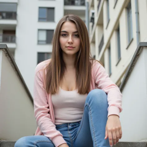 woman sitting on the stairs. Has a pink sweater on.a pair of jeans and sneakers ,  style photorealistic , ,  sharp focus, Background apartment blocks , daylight,  full body