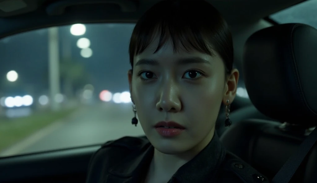 "Create a horrifying image of Yoona stopping the car by the side of the road, breathing heavily and shaking. She turns to look at the back seat and finds the girl still sitting there. Yoona's face is now pale like a , with an eerie, twisted smile on her li...