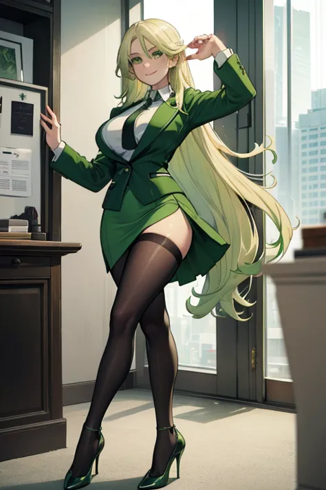 female, long pale blonde hair, green eyes, (((1girl))), (((light green business suit))), (white dress shirt), (black tights), (light green heels), (light green skirt), (black necktie), cute and sexy, full body, huge breasts, long legs, smiling