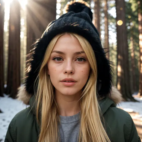 photograph of a blonde woman, (sympathetic facial expression), textured skin, goosebumps, jet black half-up half-down hair, faux fur-lined parka with skinny jeans and beanie, group profile, towering ancient redwood trees creating a sense of wonder and awe,...