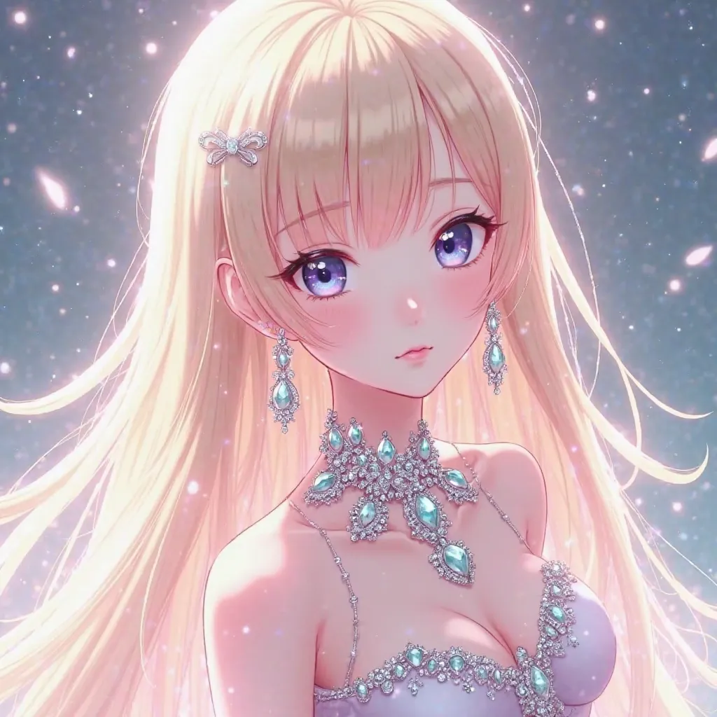 White-skinned Anime Woman With Long Light Straight Blonde Hair And Pink Bangs And Eyes With Diamond Dress And Diamond Earrings And Diamond Necklace Without A Watermark 