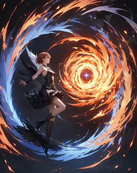  glowing portal, A Floating Feather, Demon World, Fallen Angel, Spiral of Fire, Ever Darkness, Yatsubasa, (Misaka Mikoto), masterpiece, highest quality, UHD, retina, masterpiece, accurate anatomy, super detailed, high quality, best quality, 8k