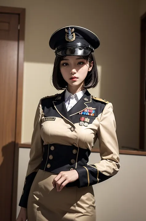 Masterpiece, best quality, (very detailed CG unity 8k wallpaper) (best quality), (best illustration), (best shadows), woman 25 years old, military uniform