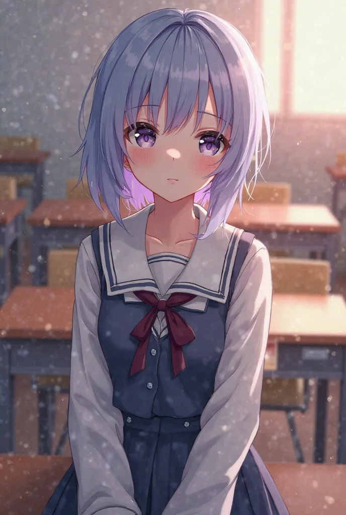 A woman in a school uniform with light blue and slightly purple hair 