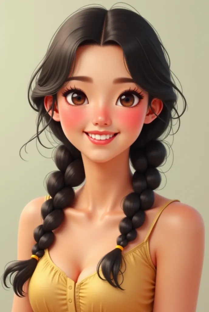 Realistic  with two braids wearing a dress and smiling 