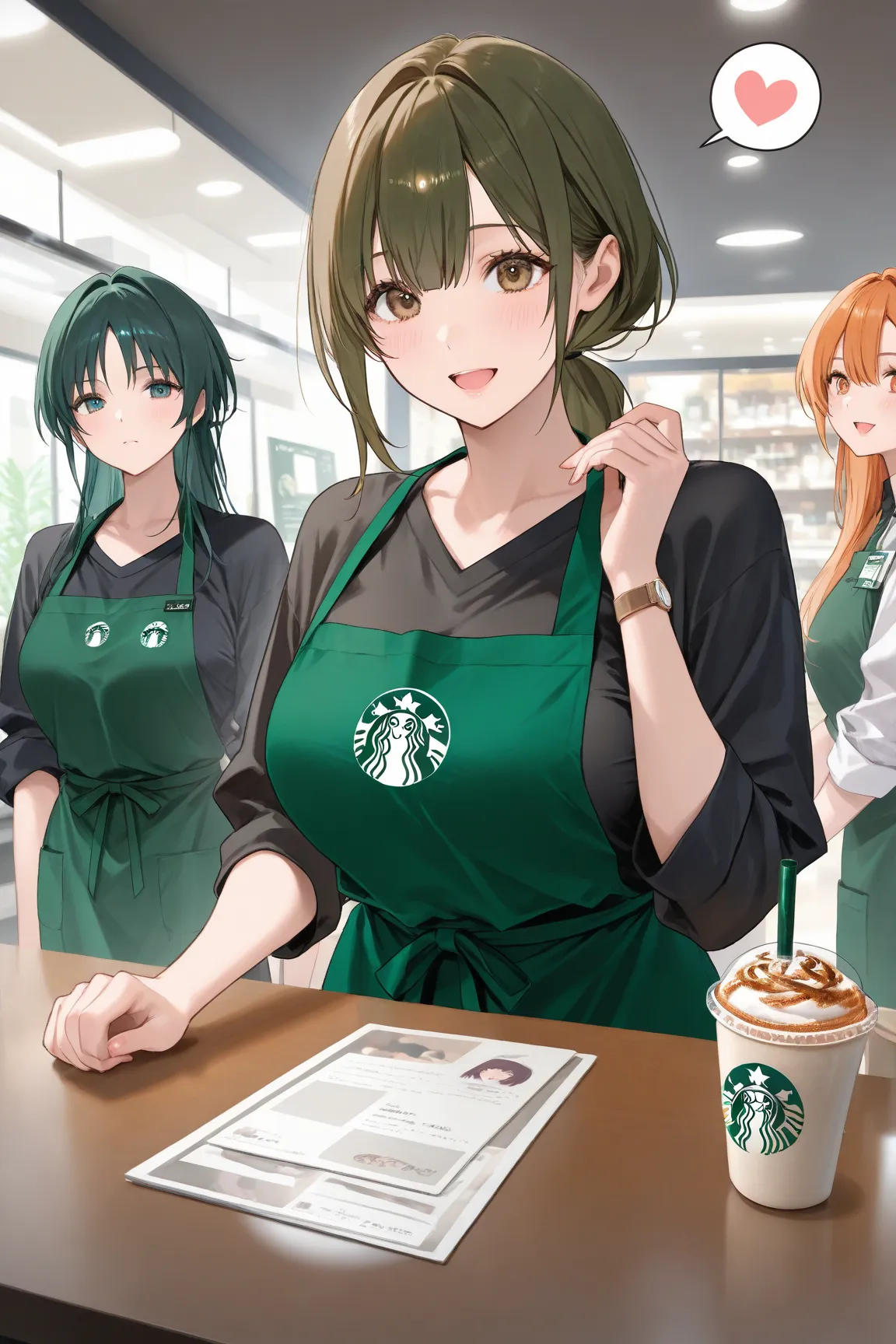  manga 、 Starbucks 、Female store clerk、spoken heart、sound effect、part-time job、3girls,black shirt、black slacks,dark green apron