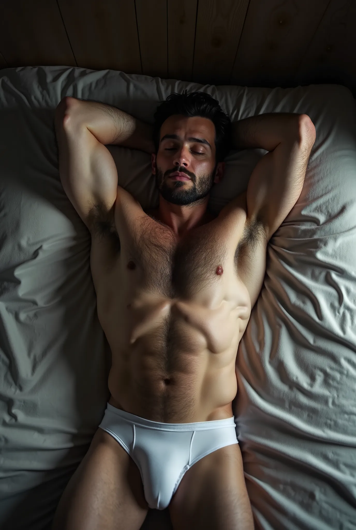 hyperrealistic image, schlafender Mann lying on bed, THAT. 30 years old, wide chin , sehr kurze black hair, three days beard, very strong muscular man, very hairy chest, Blue eye color, big eyes, very hairy stomach, very hairy forearms, heavily haired legs...