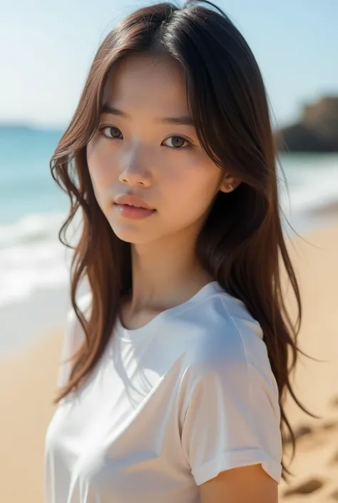 ((masterpiece)), ((Best Quality)), (portrait of a beautiful girl),(Best quality, High resolution, Masterpiece :1.3), A pretty woman, Slender figure, Dark brown hair, T-shirt, (Sandy beach with gentle waves), Highly detailed face and skin texture, Detailed ...