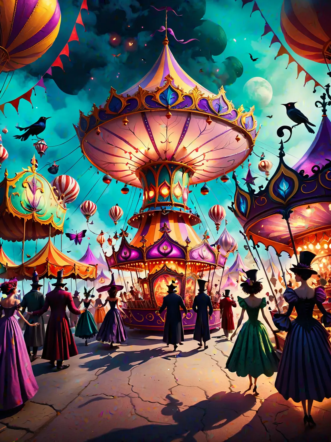 CyberRealisticPony_POSV1, a fantasy carnival with amazing rides and ghostly performers. A land of magicians and witchcraft and beautiful fairies.