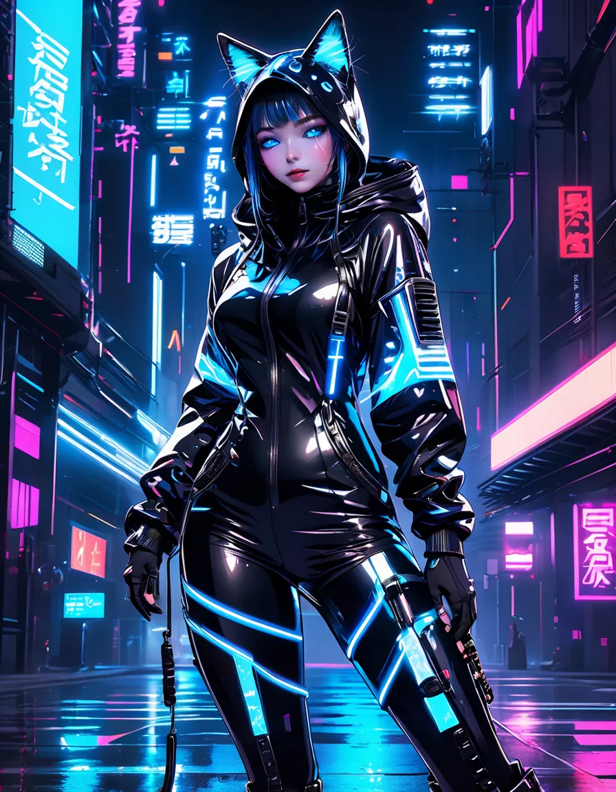 black theme, cyberpunk-themed outfit with cat-ear hooded bodysuit, closed-fitting sleek black and neon blue bodysuit hoodie with glossy metallic texture, black fullbody cat-suits, one-piece design, form-fitting silhouette, high-tech glowing circuit pattern...