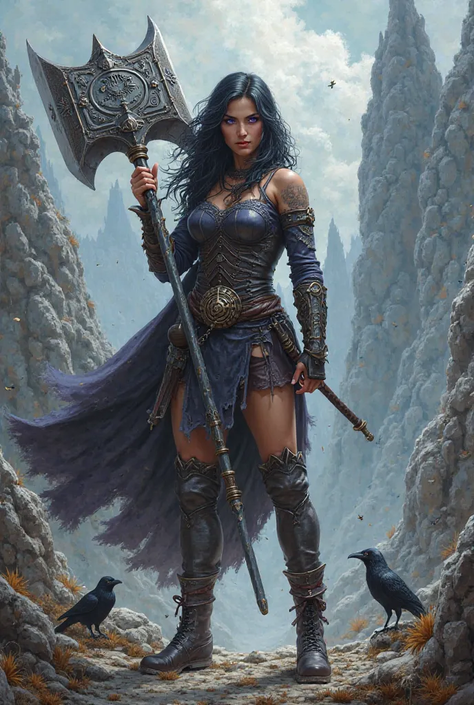 Medieval girl purple eyes and black hair with a Warhammer 