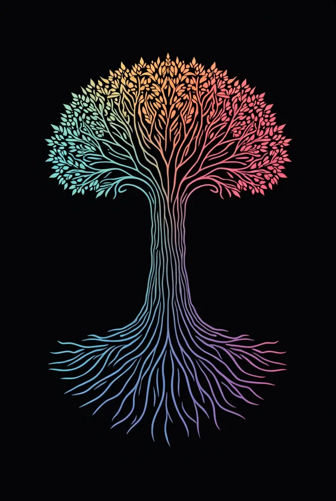 generate a logo for a black vector baobab Tree with deep roots and tiny yet plenty leaves of different fusing colors including turquoise Blue Green Orange Red Pink and Purple. 