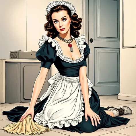 (masterpiece:1.2, Best Quality),8k, wallpaper,((american Comic art, thick outline, flat color:1.3)),(Vivien Leigh as maid), view from front, ((full body, kneeling on the floor and wiping with rag)), perfect eye,detailed face, kindly expression ,