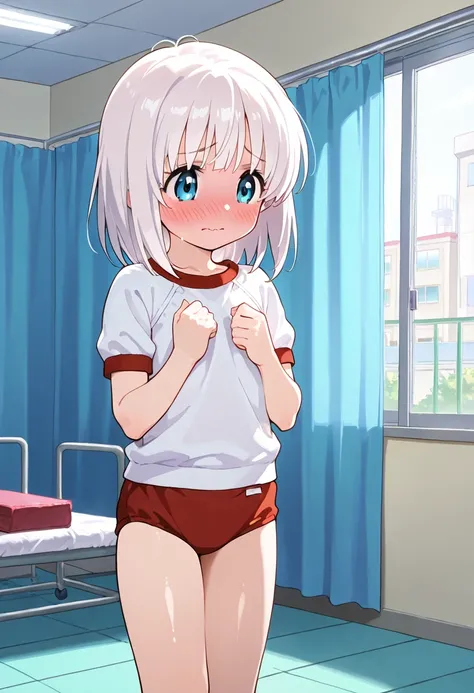 1girl,elementary school student,cowboy shot,standing,red gym clothes,white hair,medium hair,full  face blush,wavy mouth,embarrassed,BREAK girl, flat chest,BREAK curtain room,shiny skin ,at school ,hospital room 