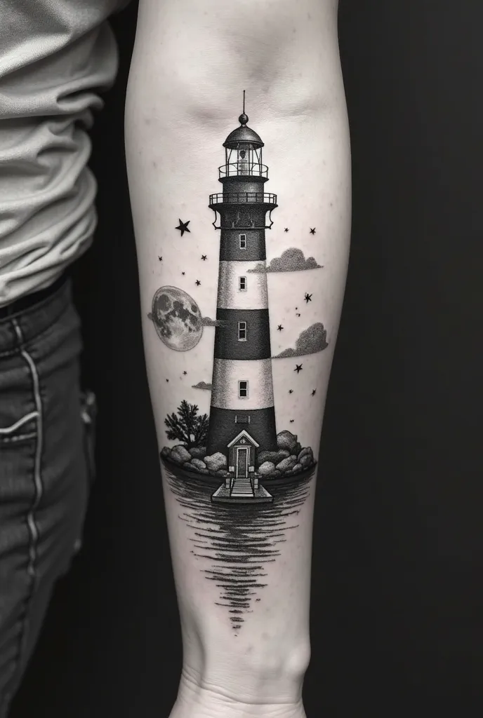 Create a black and white tattoo pattern on the forearm 
 It is supposed to be a lighthouse in a female theme. Let there be a place for the inscription "The light shall guide you home" And below a place for geographical coordinates 