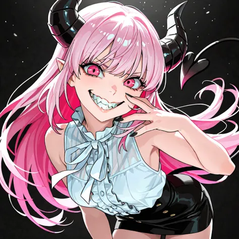 1 woman, sharp looks, sharp face, long light pink hair with bangs, the eyes are hot pink, a white sleeveless blouse with a deep neckline, black mini skirt, black demon horns, black demon tail, with a super big smile on her face showing her pointy teeth, su...