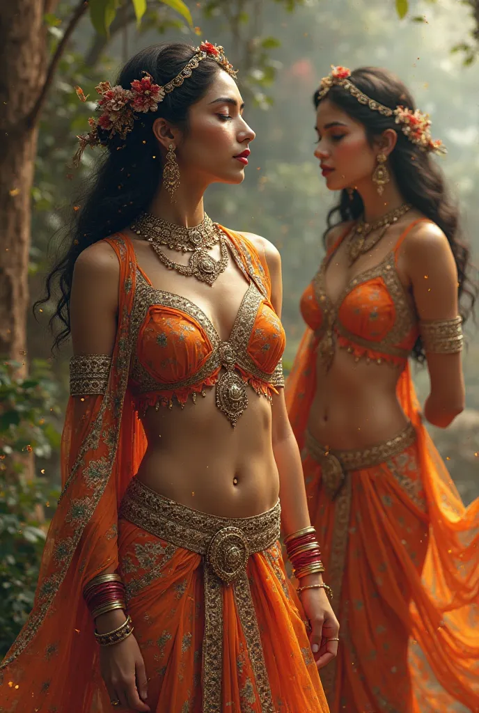 Women in indian mythological dress with navel and waist full visible 