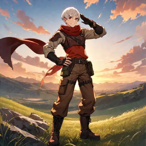 1 young man,a pieceful young man,silky hair,crew cut,short hair,pearlescent white hair,bushy eyebrows,super detailed skin,fair skin,beautiful face,beautiful eyes,double eyelid,crimson red eyes,big smile,salute,standing pose,feet apart,BREAK,wearing goggles...