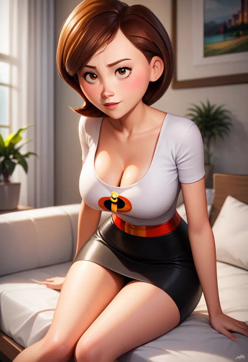 masterpiece,best quality, highly detailed, score_9, score_8_up, score_7_up, score_6_up,source anime,BREAK
 helen, 1girl, breasts, solo, large breasts, bending over couch, cleavage, brown hair, short hair, bed, holding, indoors, black skirt, incredibles log...