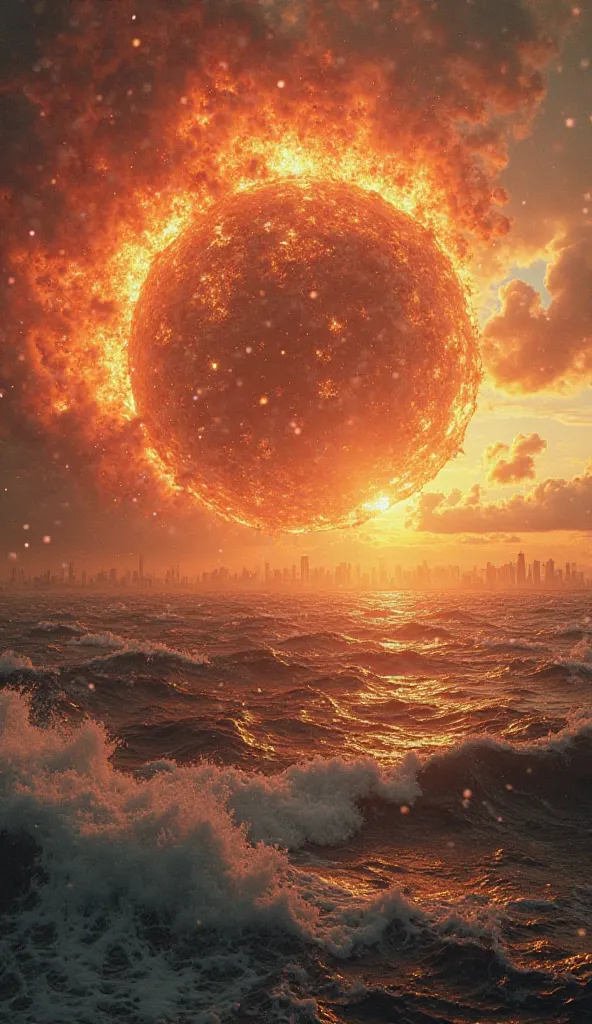 "A hyper-realistic apocalyptic scene of a gigantic, flaming asteroid tearing through Earth's atmosphere and rapidly approaching the ocean. The impending impact creates tidal waves, while the sky is filled with clouds of smoke and fire. The asteroid's inten...