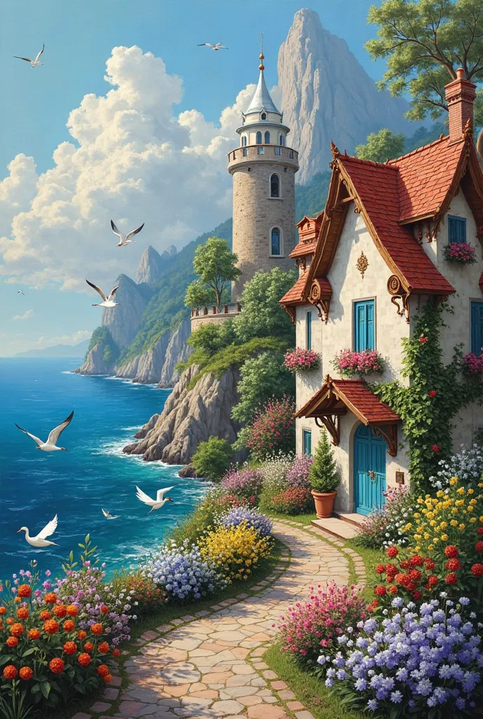   oil　A charming house full of flowers々is lined with picturesque coastline、connected to a majestic castle on a hill, semuanya berlatar belakang   bright langit biru dan awan putih halus, realism,   bright,art soft painting rococo style    