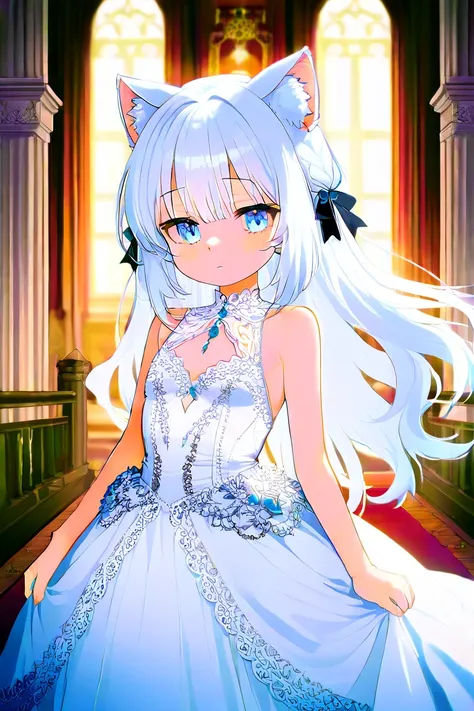  girl、light blue eyes、 white hair、Cat ears、Young lady、Luxury House、shy、Puzzled、sex