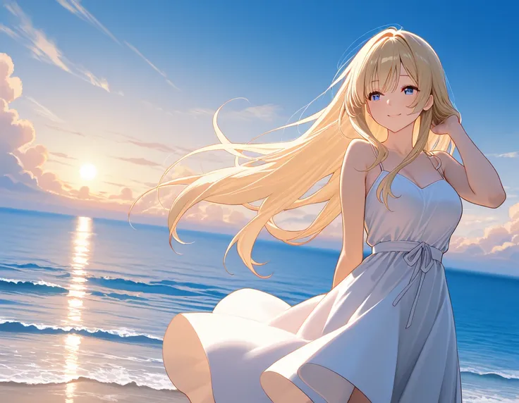 （masterpiece、high quality)、「standing beside the ocean、beautiful blonde woman in a flowing white dress。the sea breeze gently lifts her hair、The sun's light is reflected in the waves、creates a peaceful, dreamy atmosphere。she has a soft smile、her eyes shine w...