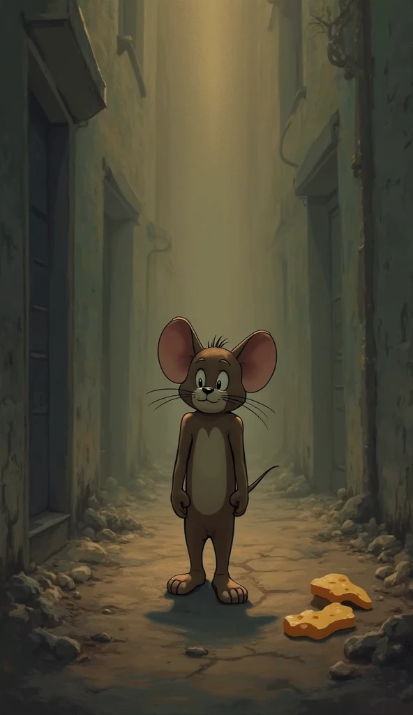 Create me a brown cartoon image of Jerry walking very sad on a dark background 