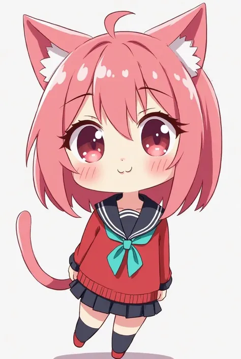 I want a female anime character with cat ears pink hair chibi style in a school uniform with colors that match red, turquoise and black, Make it an avatar for a store logo 