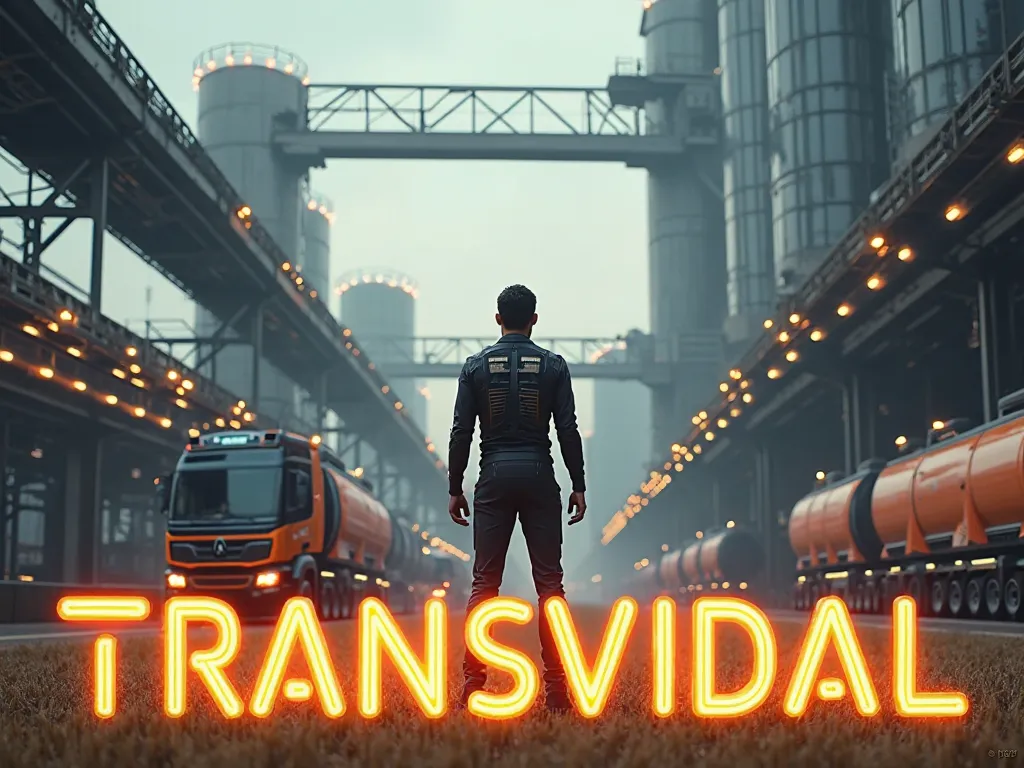 IMAGE IN THE BACKGROUND OF A FUTURISTIC GRAIN TRANSPORT LOGISTICIAN AND THE FRONT OF THE IMAGE WRITTEN TRANSVIDAL WITH COLOR EFFECTS ON THE LETTERS OF THE WRITING