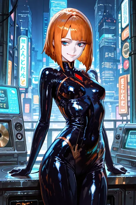 best quality, masterpiece, Futuristic city with neon wash and cyberpunk atmosphere,
1girl,center, ginger hair, Shoulder Length bob Hair Types,Blue Eyes, white Skinned Female, white face, Archaic smile, slender, high-tech aesthetics,shine red glossy latex b...