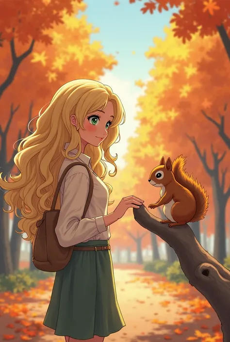 Blonde woman with green eyes and curly hair up to her shoulder standing in an autumn park looking at a squirrel on a branch and trying to caress it with her finger ( Anime styl)