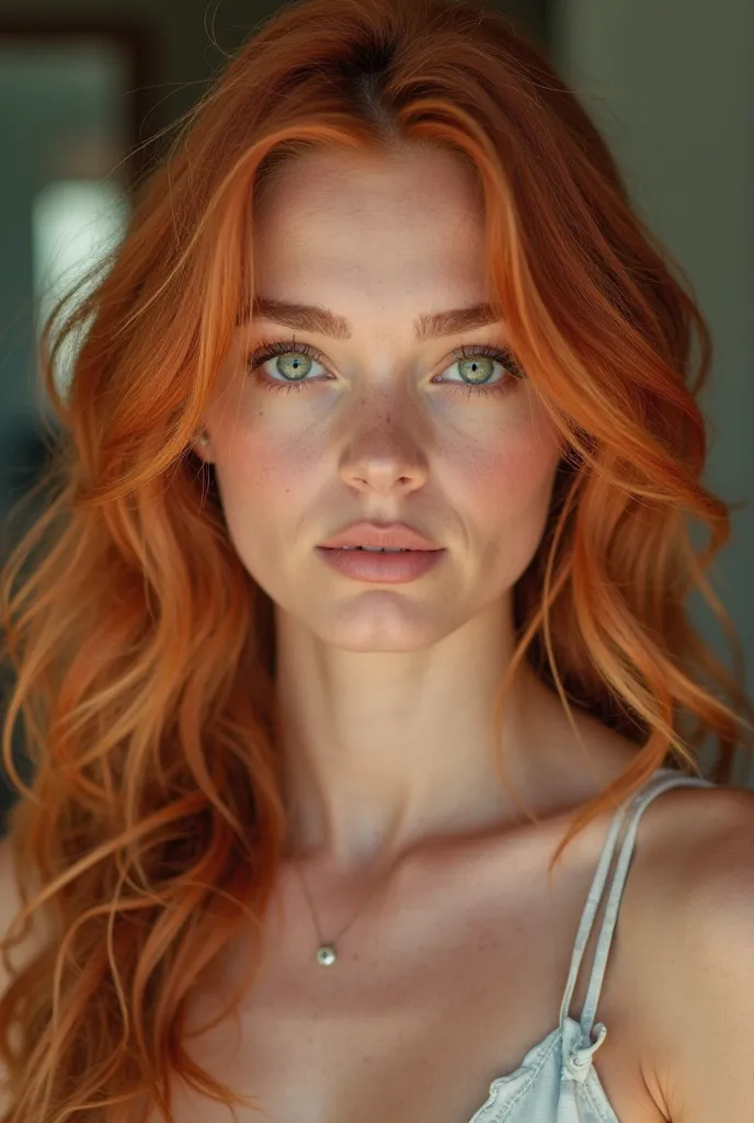 A stunning 20-year-old American woman with radiant, fiery red hair styled in soft waves, framing her glowing, flawless skin. Her eyes are a captivating shade of emerald green, shining with confidence and playful charm. She has red hair dressed in boxer sho...