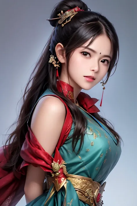 The upper body of a female warrior wearing red and gold armor and cloak, 1 person, cute ponytail ,Age 30, (((Real Face))), slightly larger breasts and cleavage, exposes cleavage,Scary face,  very fine face and skin texture , staring at camera,   Chinese Wa...